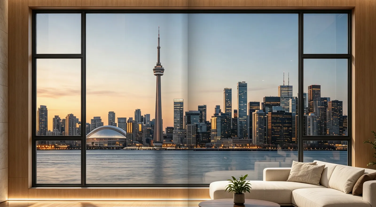 YIN Series Slimline-ES 135 Pro concealed casement window framing the Toronto skyline at dusk